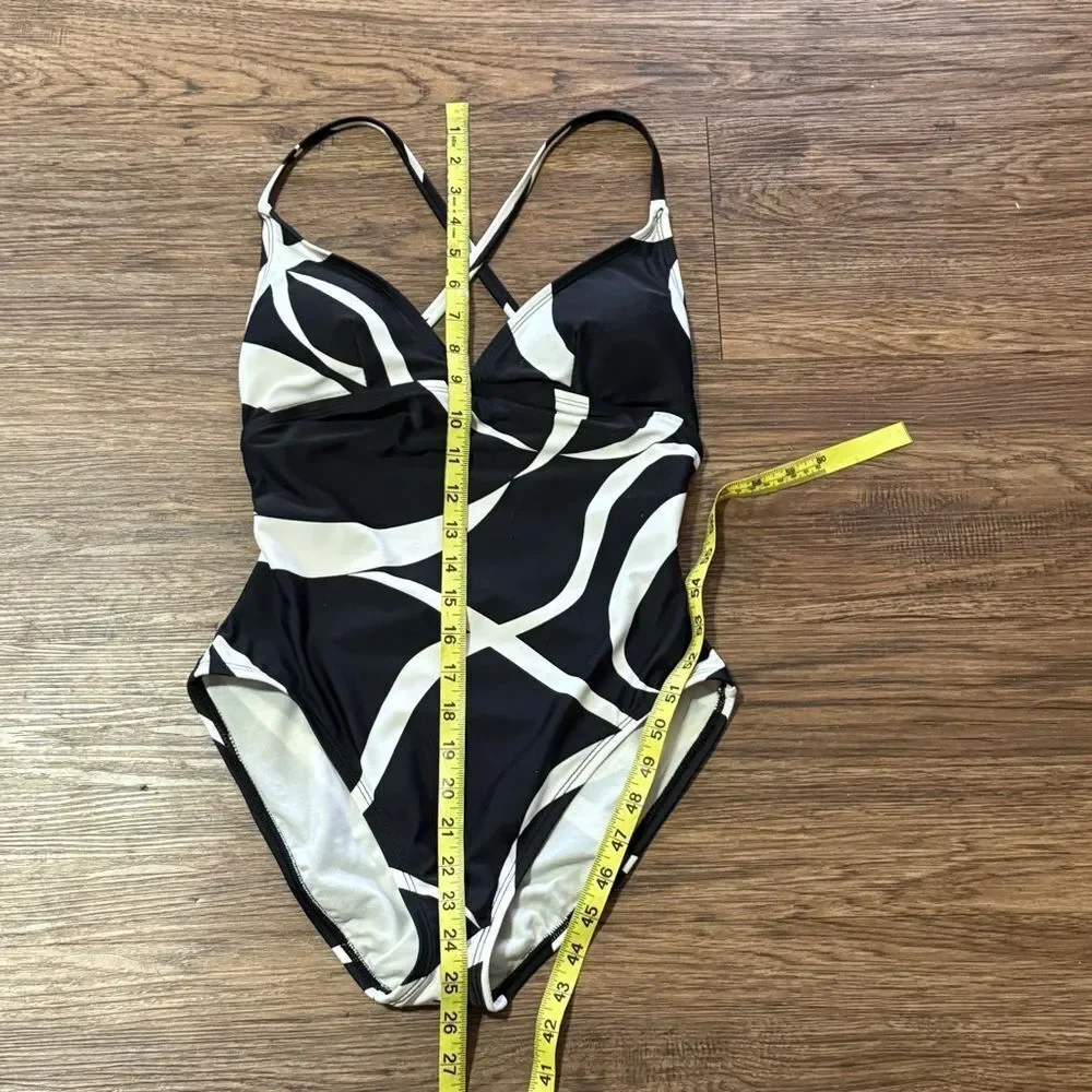 Anne Klein One Piece Abstract Bathing Suit Swimwear Size 10 Black White